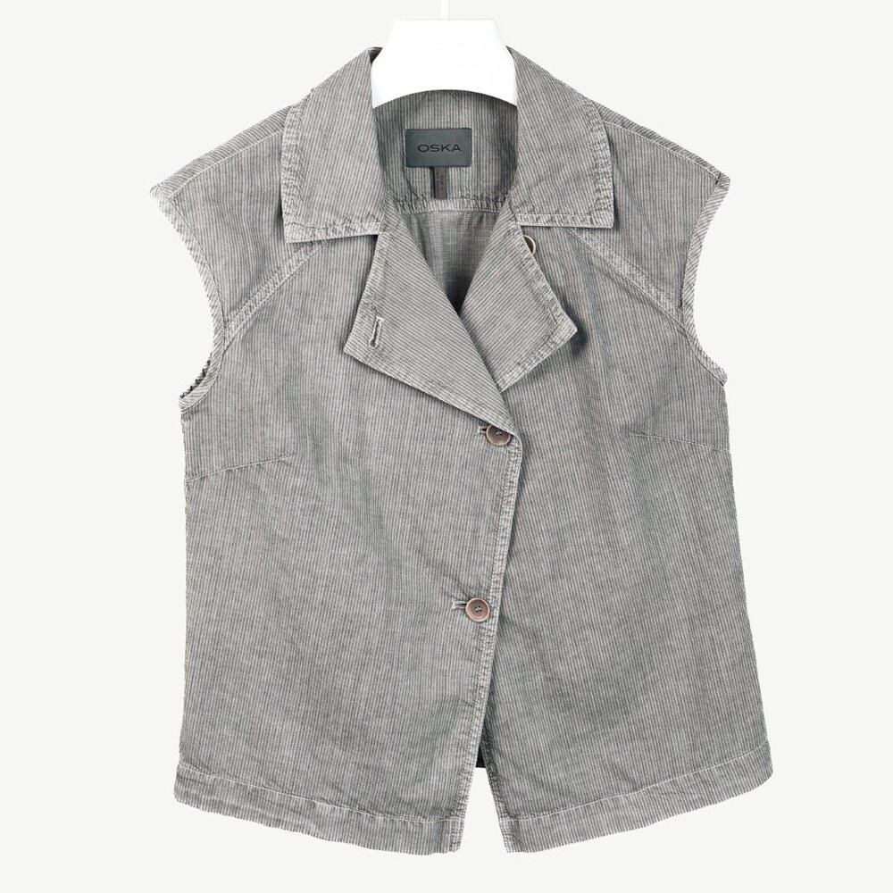 Oska Grey Black Stripes Asymmetrical Closure Box Soft Vest
